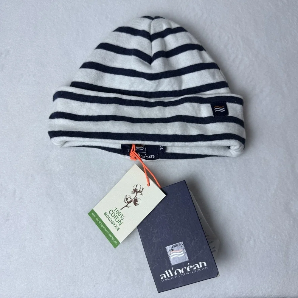 New All'ocean Bigorneau striped Baby Beanie Hat‎ Blue White Nautical Cap Cotton